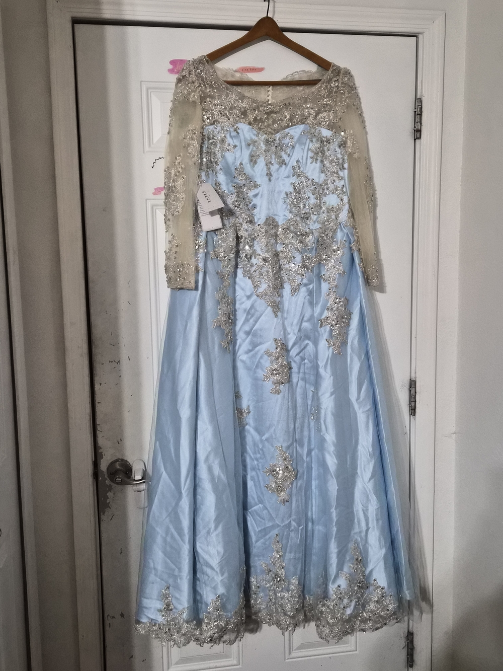 Elegant Light Blue Embroidered Prom Dress with Illusion Sleeves